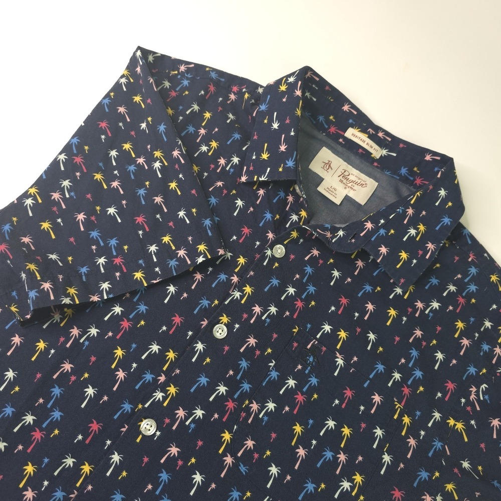 Original Penguin All-Over Palms Print Shirt Short Sleeve Size Large Slim Fit